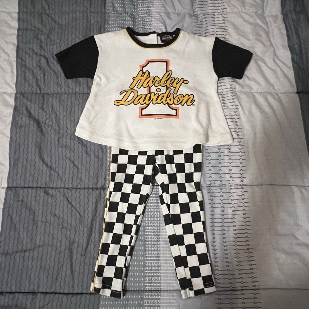 Harley Davidson 2 Piece Toddler Racing Tee & Checkered Flag Pant Set Sz 12-18M